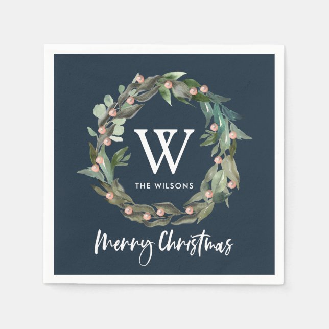 Monogram Greenery Wreath Christmas Holiday Navy Napkin (Front)