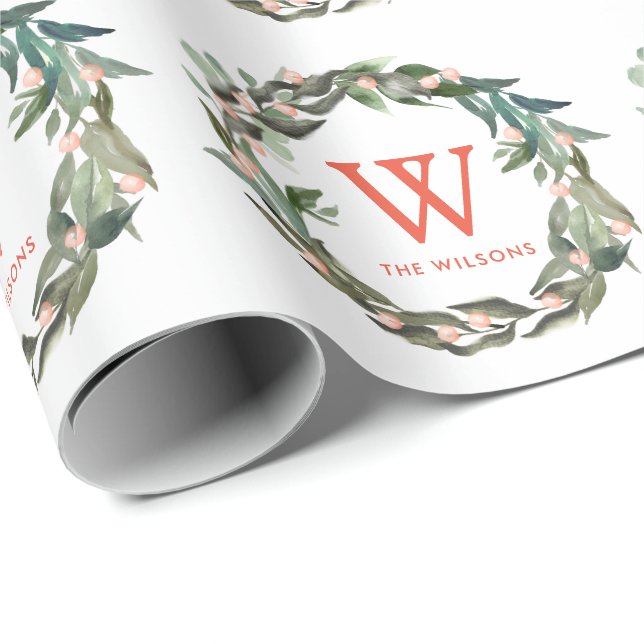 Monogram Greenery Wreath Christmas Holiday Wrapping Paper (Roll Corner)