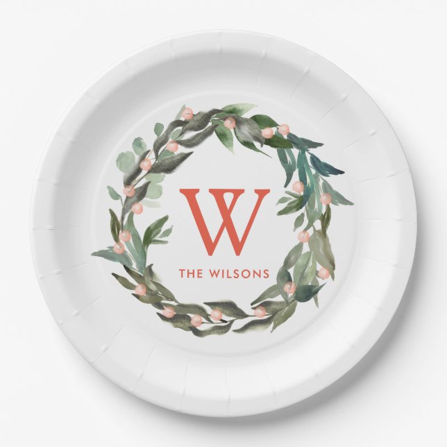 Monogram Greenery Wreath Holiday White Paper Plate (Front)