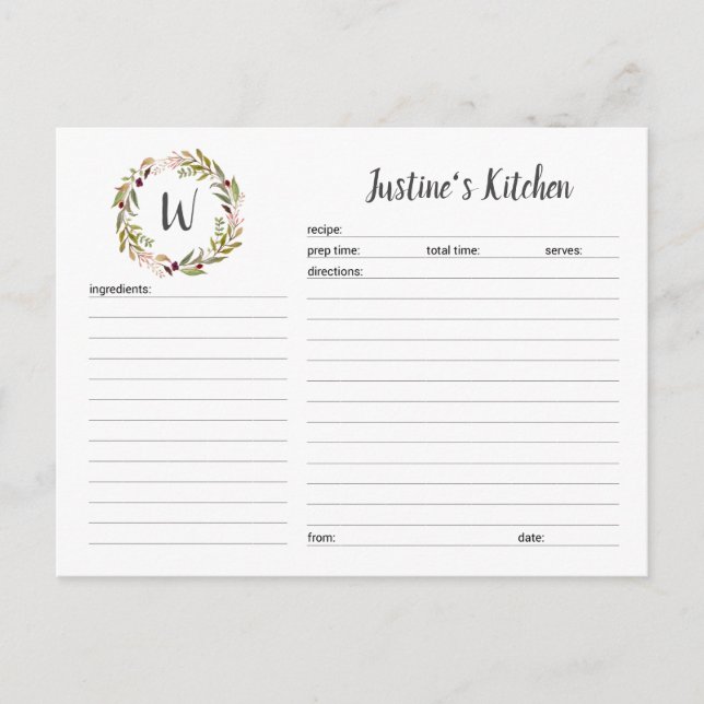 Monogram greenery wreath recipe card (Front)