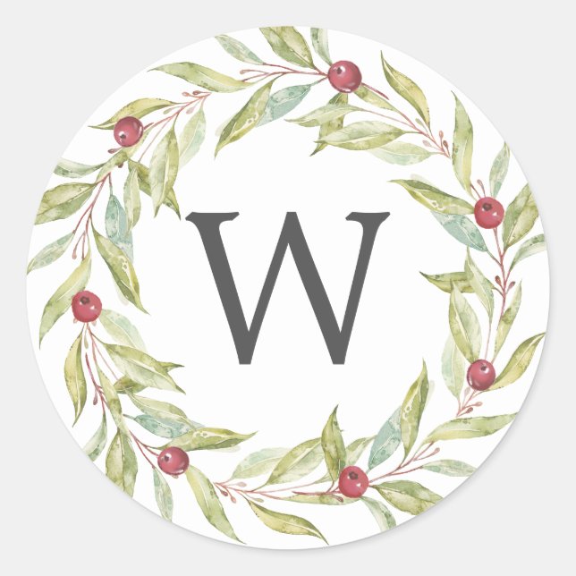 Monogram Greenery Wreath Red Berries Christmas Classic Round Sticker (Front)