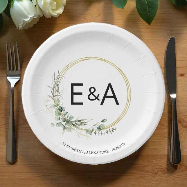 Monogram Greenery Wreaths Wedding Paper Plates (Creator Uploaded)