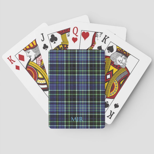 Monogram Greens Blues Scottish-style Tartan Plaid Playing Cards (Back)