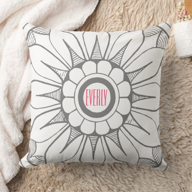 Monogram Grey and Pink Modern Medallion Pattern Cushion (Blanket)