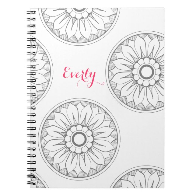 Monogram Grey and Pink Modern Medallion Pattern Notebook (Front)