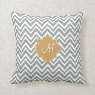 Monogram Grey and White Chevron Pattern with Gold Cushion