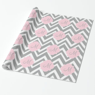 Monogram Grey and White Chevron with Pastel Pink Wrapping Paper