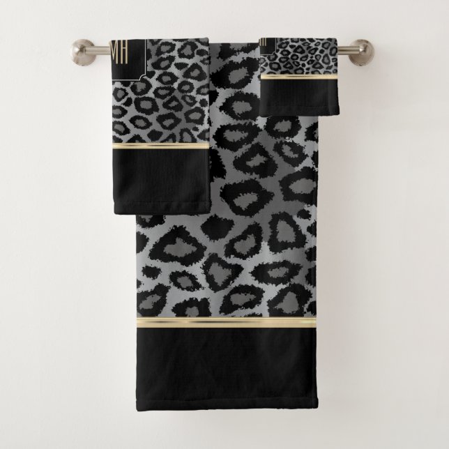  Monogram Grey & Black Leopard with Gold Band Bath Bath Towel Set (Insitu)