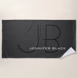 Monogram Grey Black Modern Initial Letters Name Beach Towel