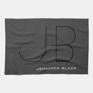 Monogram Grey Black Modern Initial Letters Name Tea Towel