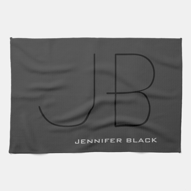 Monogram Grey Black Modern Initial Letters Name Tea Towel (Horizontal)