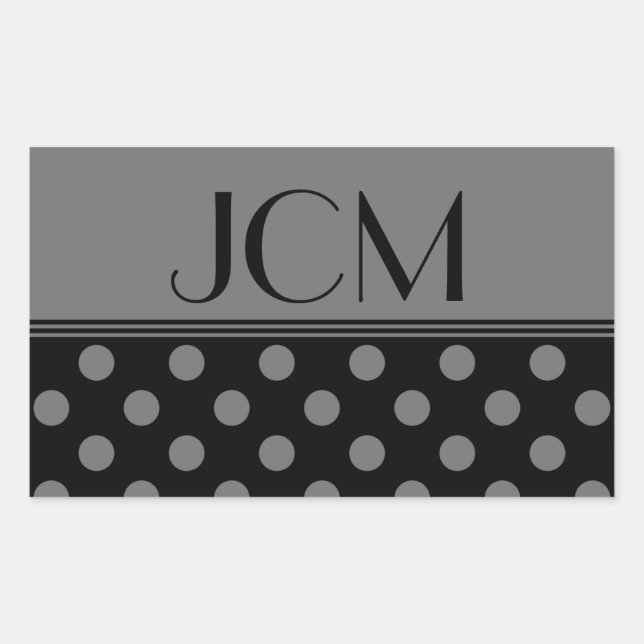 Monogram Grey/Black Polka Dot Rectangular Sticker (Front)