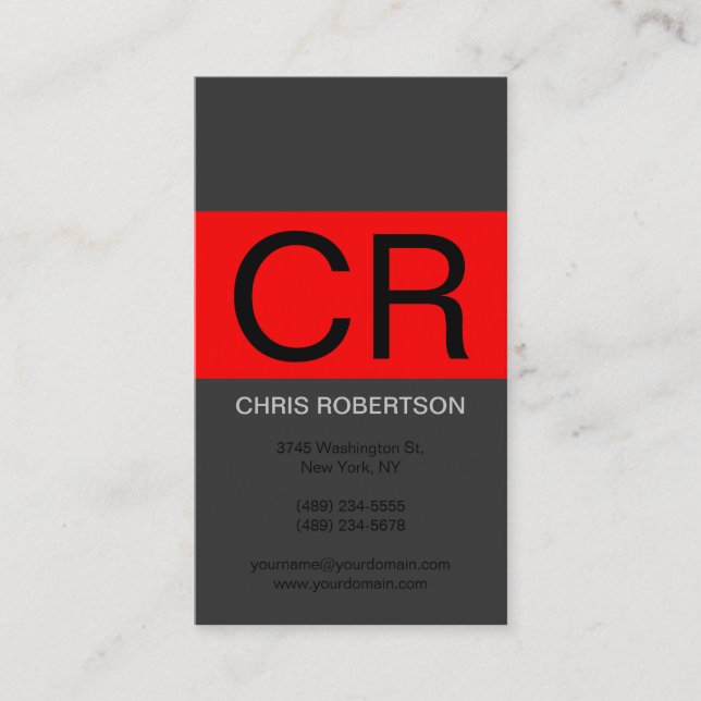 Monogram Grey Black Red Business Card (Front)