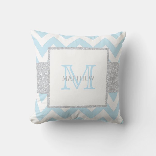 Monogram Grey Blue Chevron Baby Boy Pillow (Front)