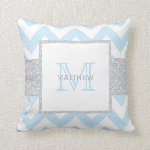 Monogram Grey Blue Chevron Baby Boy Pillow