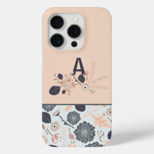 Monogram Grey Blue Peach Floral iPhone 15 Pro Case