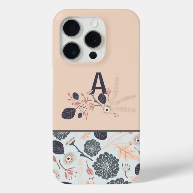 Monogram Grey Blue Peach Floral Case-Mate iPhone Case (Back)