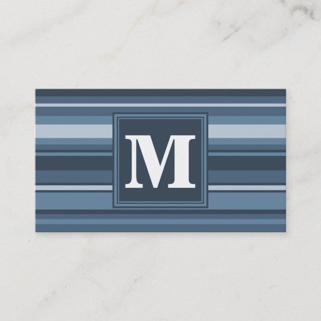 Monogram grey-blue stripes business card (Front)