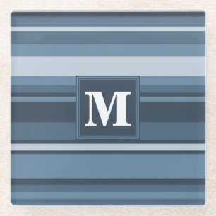 Monogram grey-blue stripes glass coaster