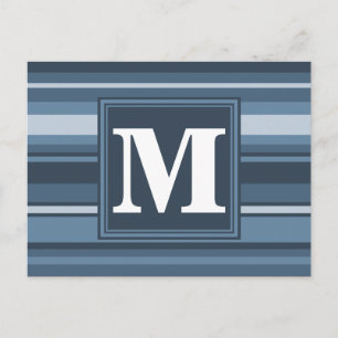 Monogram grey-blue stripes postcard