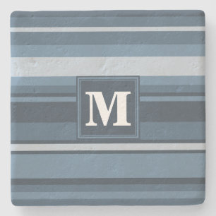 Monogram grey-blue stripes stone coaster