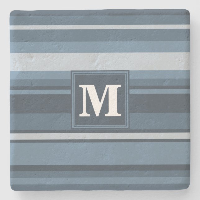 Monogram grey-blue stripes stone coaster (Front)