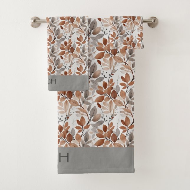 Monogram  Grey Brown Beige Leaf Botanical Bath Towel Set (Insitu)