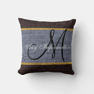 Monogram Grey & Brown Rustic Burlap Jute Cushion