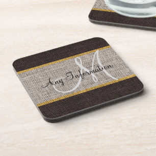 Monogram Grey Burlap Linen Rustic Jute Coaster