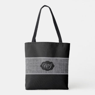 Monogram Grey Burlap on Black Tote Bag