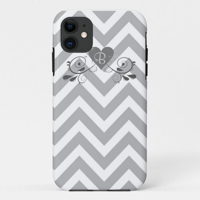 Monogram Grey Chevron and Heart Design Phone Case (Back)