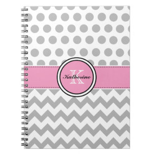 Monogram Grey Chevron and Pink Spiral Notebook