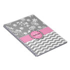 Monogram Grey Chevron Floral Pink Spiral Notebook