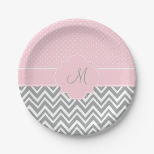 Monogram Grey Chevron with Pastel Pink Polka Dot Paper Plate