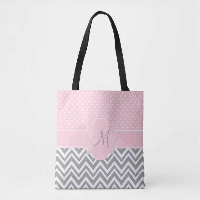 Monogram Grey Chevron with Pastel Pink Polka Dot Tote Bag (Front)