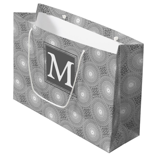 Monogram grey circles pattern large gift bag (Front Angled)