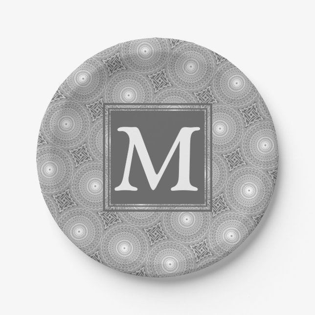 Monogram grey circles pattern paper plate (Front)