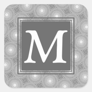 Monogram grey circles pattern square sticker
