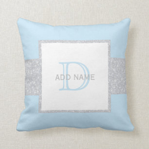 Monogram Grey Faux Glitter Blue Baby Boy Pillow