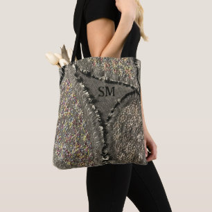 Monogram grey floral printed linen toile look  tote bag