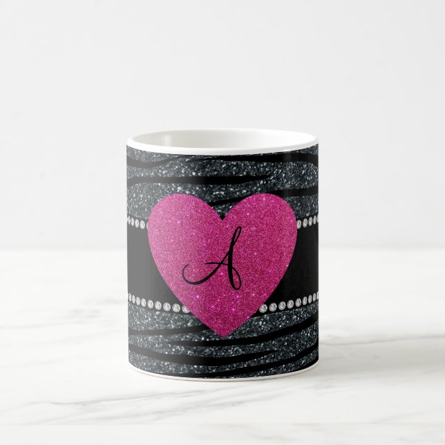 Monogram Grey glitter zebra stripes pink heart Coffee Mug (Center)