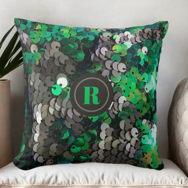 Monogram grey green sequins shiny glam elegant  cushion (Creator Uploaded)
