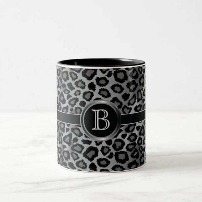 Monogram Grey Leopard Animal Print Two-Tone Coffee Mug (Center)