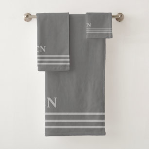 Monogram Grey Light Grey Striped Border Gift Bath Towel Set