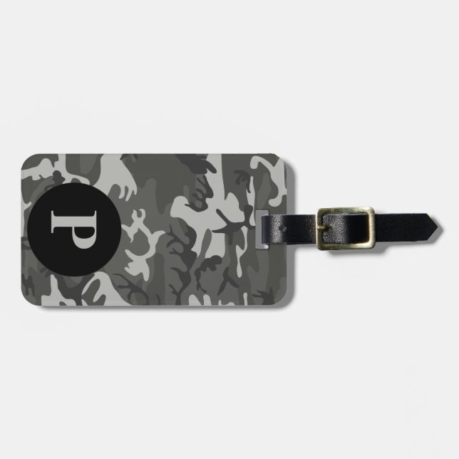 Monogram Grey Military Camo Camouflage Circle Luggage Tag (Front Horizontal)