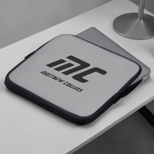 Monogram Grey Minimalist Name Black Text Men's Laptop Sleeve