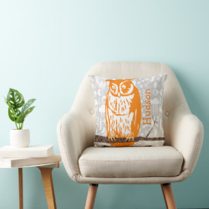 Monogram Grey & Orange Coral Baby Boy Vintage Owl Cushion