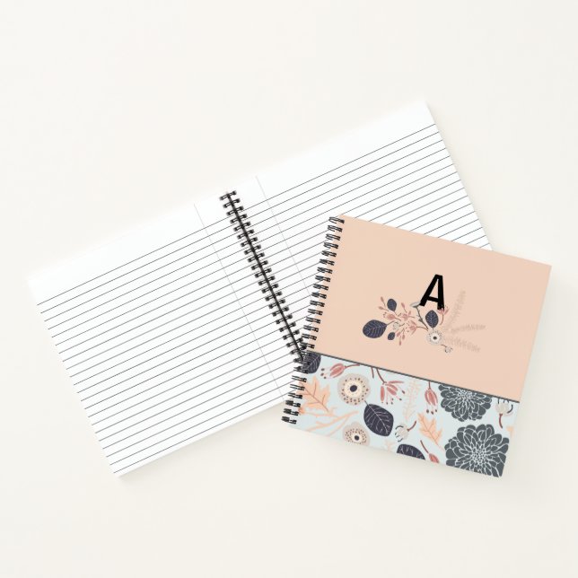 Monogram Grey Peach Floral Pattern Initial Notebook (Inside)