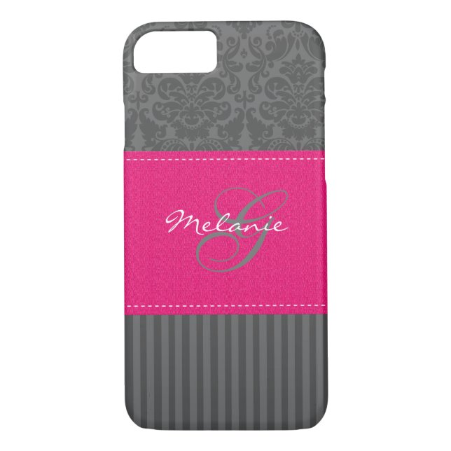 Monogram Grey Pink Damask Stripe iPhone 7 Case (Back)