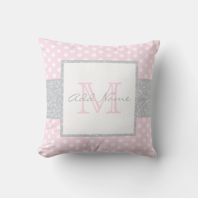 Monogram Grey Pink Polka Dot Baby Girl Pillow (Front)